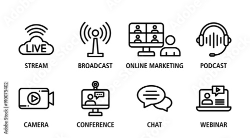 Live streaming icon set vector illustration. Set is editable stroke. Stream broadcast online meeting zoom. Podcast headphones camera internet conference chat recording a webinar.