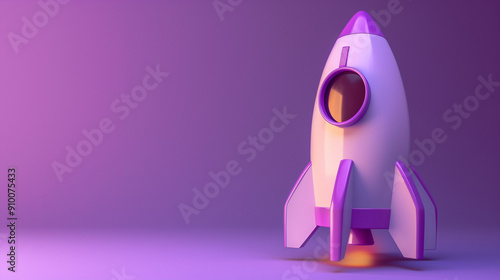 Bright purple rocket toy with shiny surface standing on a soft lavender background, symbolizing futuristic space exploration for children’s play and imagination