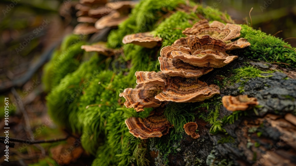 Macro photography in a forest, focusing on the delicate structures of mushrooms and the textures of moss-covered logs Macro photography in a forest, focusing on the delicate structures of mushrooms and the textures of moss-covered logs