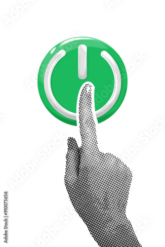 Trendy halftone collage. Hand pressing round plastic 3D on off button isolated on white background
