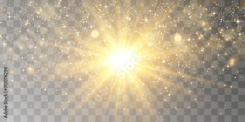 Radiant light effect with magical dust particles. Brilliant sun with a shimmering glow. Transparent vector sunlight with floating light particles. PNG light. Christmas vector illustration on a transpa