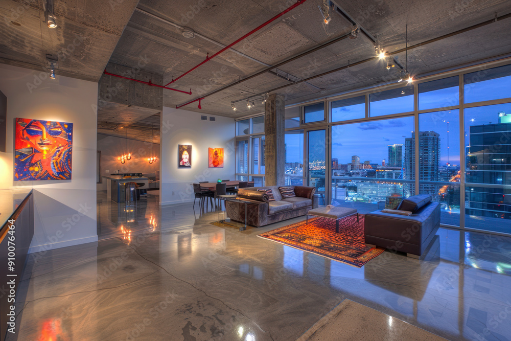 Modern loft apartment with glossy metal accents, polished concrete floors. Modern loft apartment with glossy metal accents, polished concrete floors.