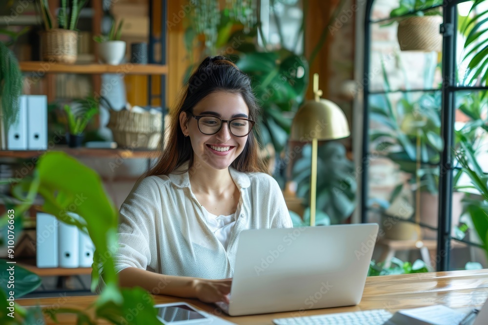 Smiling woman working on laptop in a green office space. Smiling woman working on laptop in a green office space.