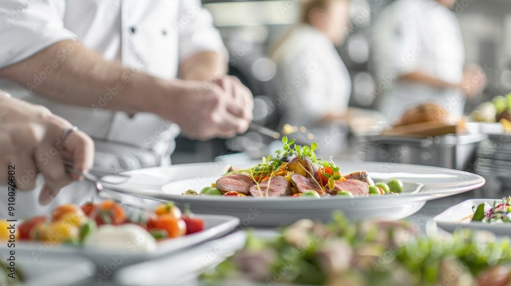 A vibrant culinary scene showcasing chefs plating gourmet dishes. Fresh ingredients artistically arranged on elegant plates. A vibrant culinary scene showcasing chefs plating gourmet dishes. Fresh ingredients artistically arranged on elegant plates.