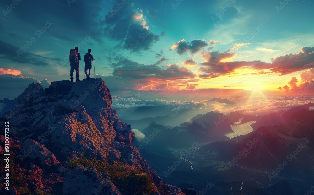 Two hikers stand atop a mountain summit, taking in the sunset with a panoramic view of the vibrant and lively surrounding landscape. Two hikers stand atop a mountain summit, taking in the sunset with a panoramic view of the vibrant and lively surrounding landscape.