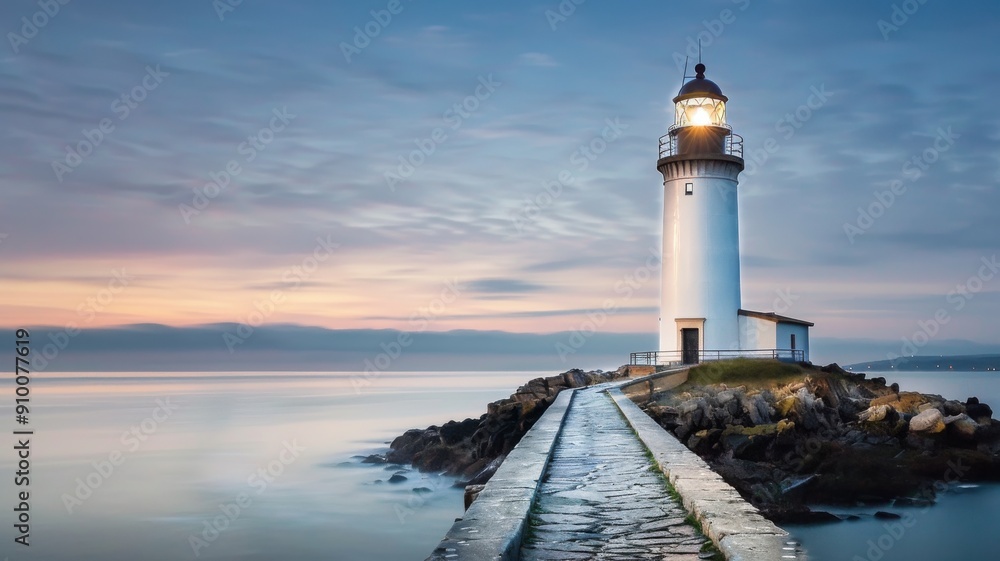 A serene lighthouse stands on a rocky shore, guiding ships at twilight. The calm waters reflect a beautiful sky. A serene lighthouse stands on a rocky shore, guiding ships at twilight. The calm waters reflect a beautiful sky.