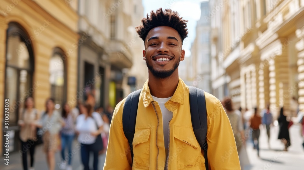 Smiling young man exploring the city streets Smiling young man exploring the city streets