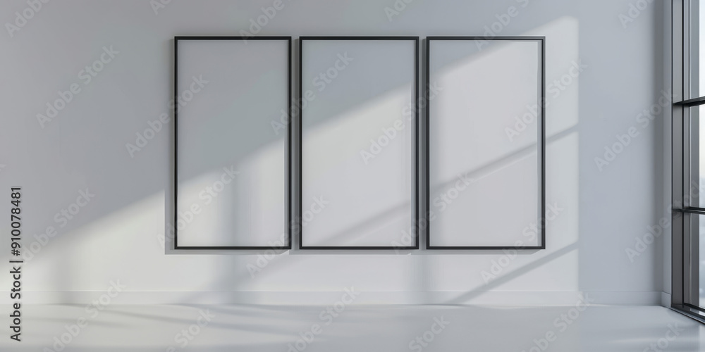 Fototapeta premium Contemporary Grey Wall with Three Black Frames Gallery Mockup. Empty Vertical Poster on Wall