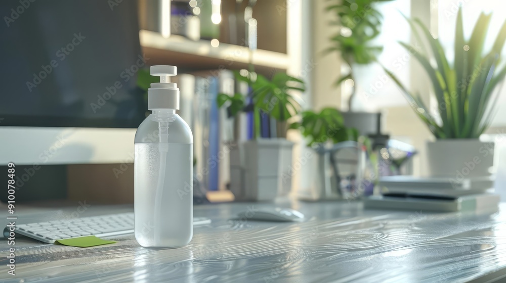 Hand sanitizer bottle on a clean desk with plants and computer. Hand sanitizer bottle on a clean desk with plants and computer.