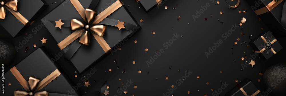 Photo of black gift boxes with golden ribbon bow tag and golden confetti on isolated black background Photo of black gift boxes with golden ribbon bow tag and golden confetti on isolated black background