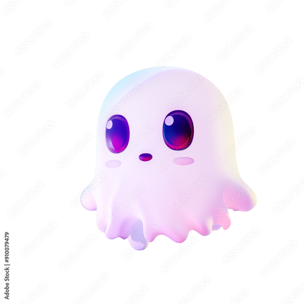 Fototapeta premium Isolated adorable, smiling kawaii ghost on transparent background, captures whimsical and charming Halloween atmosphere. Concept of cute seasonal celebrations and festive joy