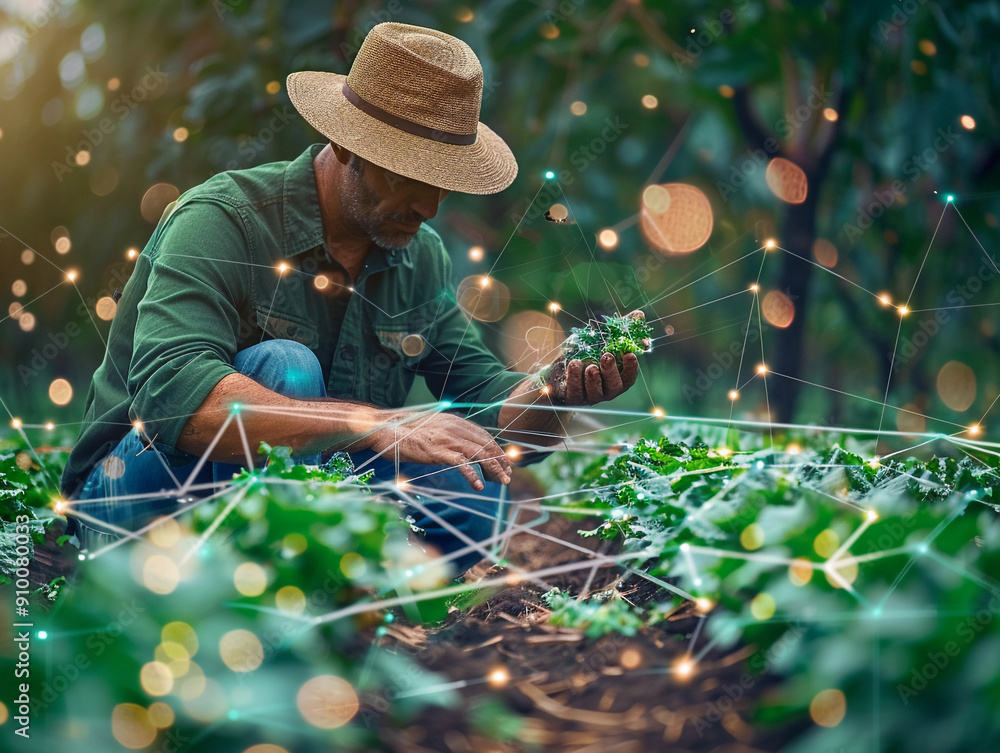 Man Cultivating Healthy Greens in a Lush Garden With Innovative Technology at Sunrise Man Cultivating Healthy Greens in a Lush Garden With Innovative Technology at Sunrise