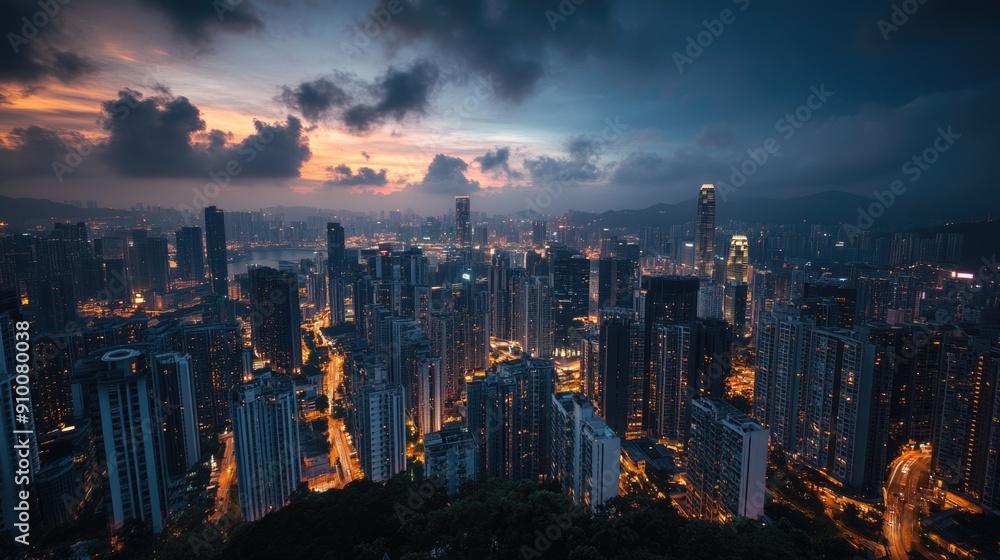 Fototapeta premium Panorama view of modern capital city skyline, skyscraper at sunset. Beautiful day view with high buildings and blue sky in dusk. Business international corporations, banks office centres. Aerial view