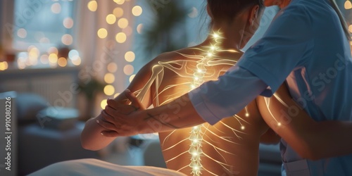 doctor treating woman with visualized spinal light, indicating back problems, with home background, emphasizing health