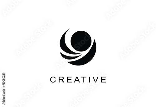 Modern abstract logo with dynamic swirl and central circle in black and white