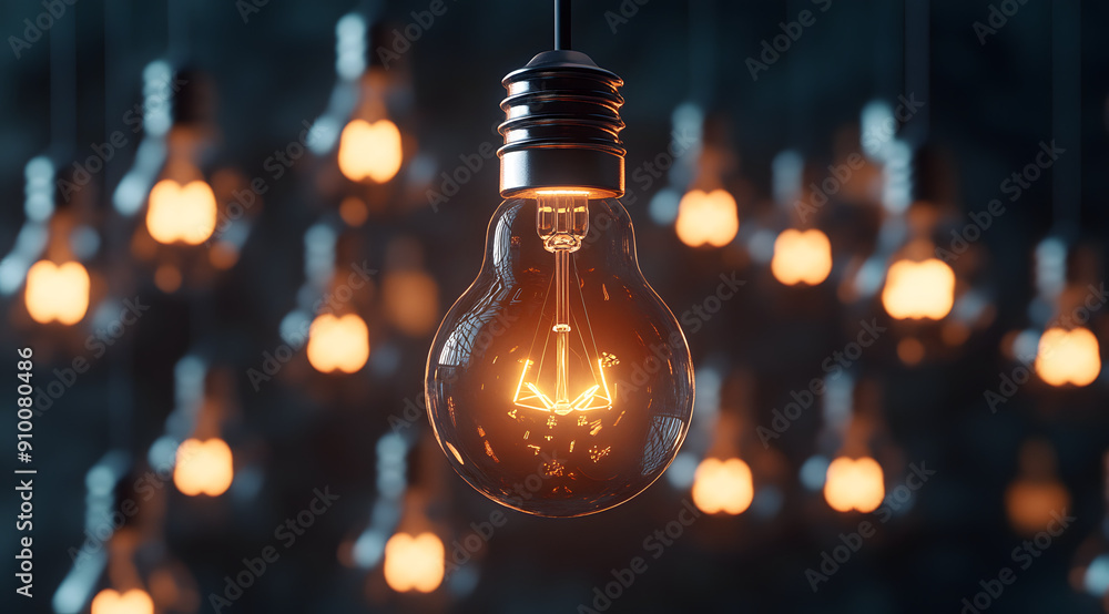 A Glowing Light Bulb Surrounded by Other Bulbs on a Dark Background
A Glowing Light Bulb Surrounded by Other Bulbs on a Dark Background
