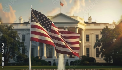 United States Flag with the White House in the Background