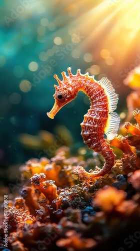 Aquatic seahorse in a coral reef, the word 'Seahorse' formed by corals photo