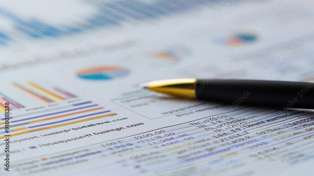 Close-up of a pen on financial charts and graphs. Close-up of a pen on financial charts and graphs.