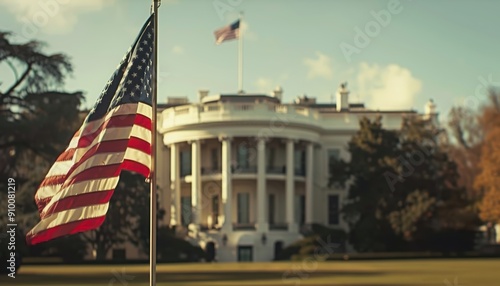 United States Flag with the White House in the Background