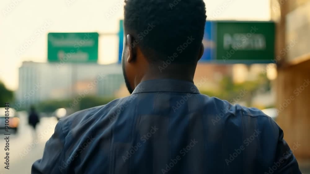 A man walks along a city street, moving towards direction signs under a bright afternoon sky A man walks along a city street, moving towards direction signs under a bright afternoon sky