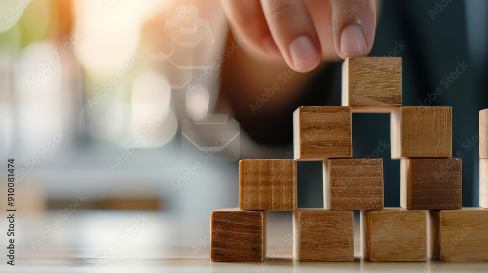 Hand placing wooden block on top of a tower, symbolizing growth and success. Hand placing wooden block on top of a tower, symbolizing growth and success.