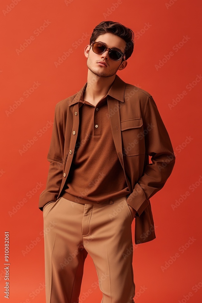 Man in brown shirt and blazer with sunglasses posing Man in brown shirt and blazer with sunglasses posing