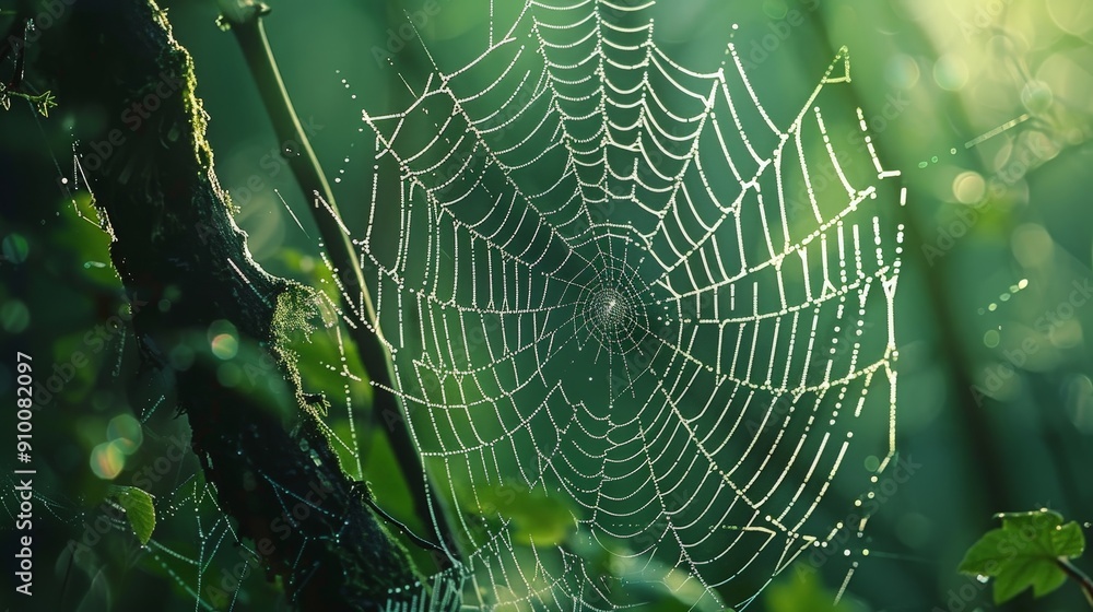 Macro photography in a forest, highlighting the intricate patterns of a spider web covered in morning dew Macro photography in a forest, highlighting the intricate patterns of a spider web covered in morning dew