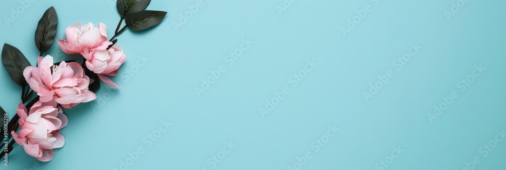 Pink flowers on a blue background with copy space. Pink flowers on a blue background with copy space.