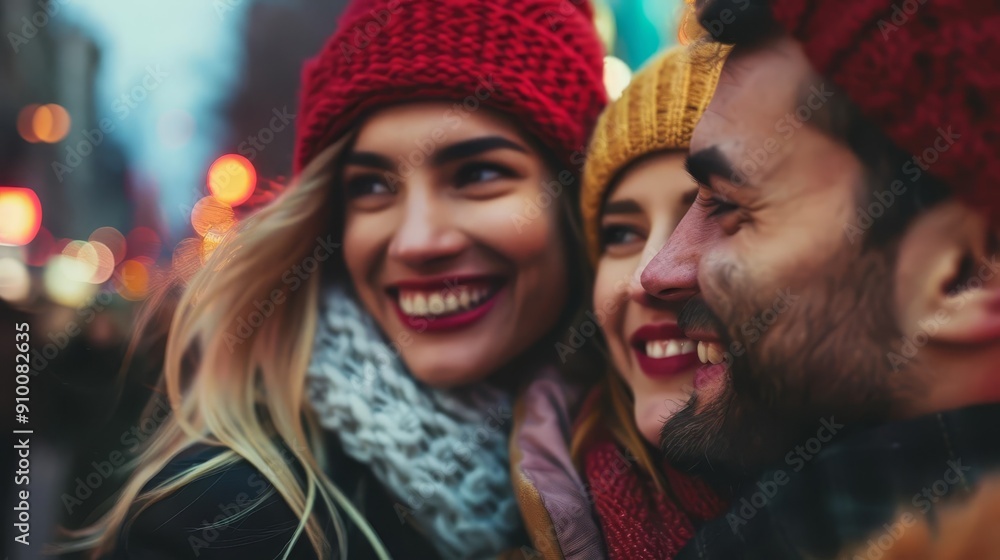 Three friends smiling and laughing in the city at night. Three friends smiling and laughing in the city at night.