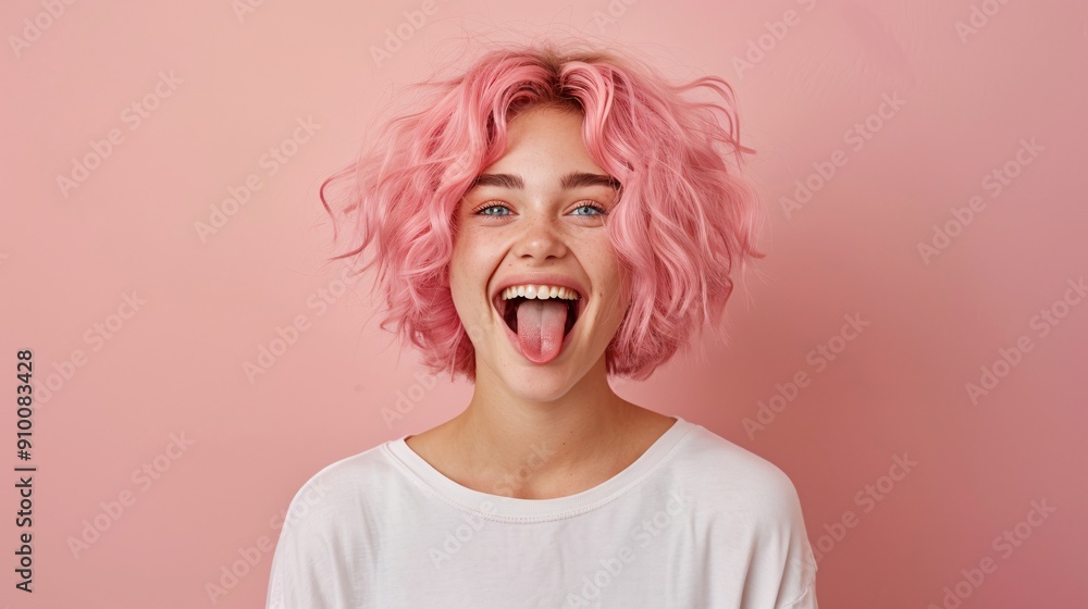 Young woman with pink hair and tongue out against pink background Young woman with pink hair and tongue out against pink background
