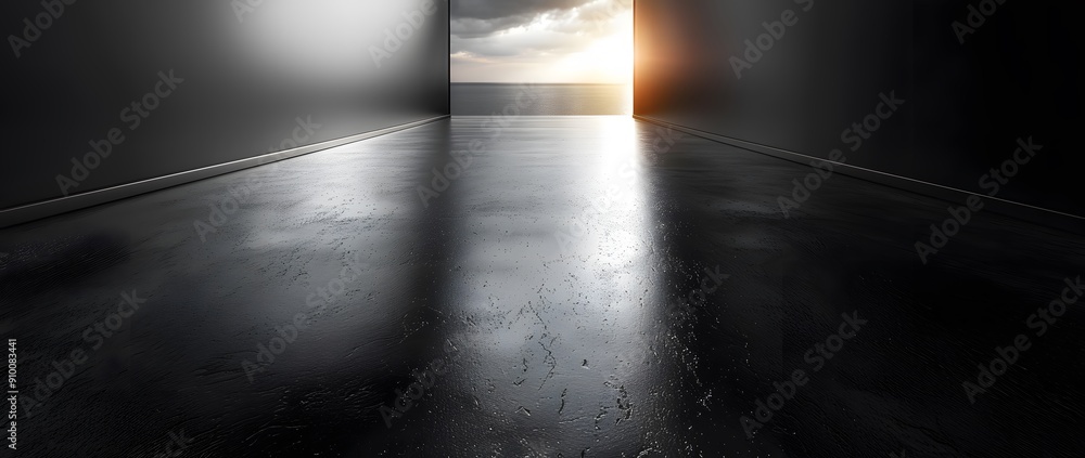 A Glimpse of Hope: Light Emerging From a Dark Room. A dark room with a light shining through an opening, creating a bright path that leads to an ocean horizon. A Glimpse of Hope: Light Emerging From a Dark Room. A dark room with a light shining through an opening, creating a bright path that leads to an ocean horizon.