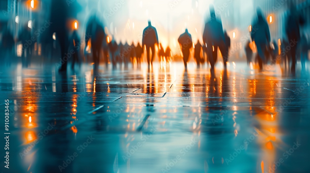 Obraz premium Abstract blurred city street with pedestrians and reflections