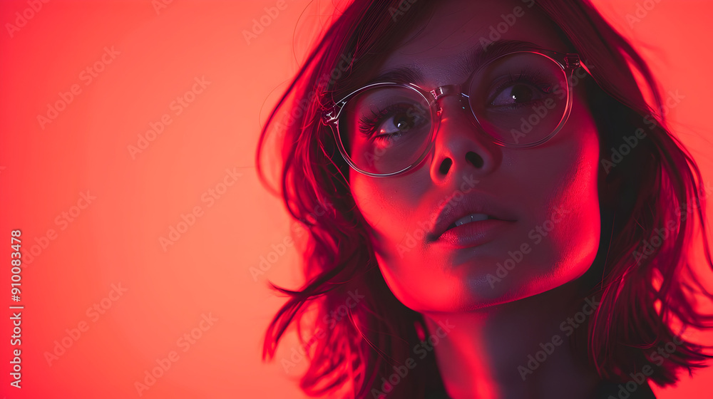 Woman With Short Hair and Glasses in Red Light Photo Woman With Short Hair and Glasses in Red Light Photo