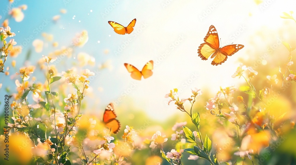 Butterflies in Bloom: A magical and vibrant image of butterflies flitting through a field of blossoming flowers, bathed in warm sunlight. Butterflies in Bloom: A magical and vibrant image of butterflies flitting through a field of blossoming flowers, bathed in warm sunlight.