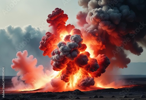 A dramatic scene of a mountain explosion, with thick smoke and fiery flames erupting into the sky.