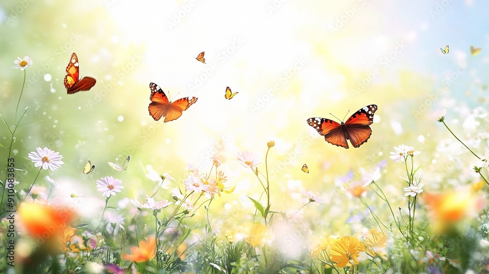Butterflies Soar Above a Blooming Meadow: Monarch butterflies dance amidst wildflowers and sunbeams in this vibrant spring scene. Butterflies Soar Above a Blooming Meadow: Monarch butterflies dance amidst wildflowers and sunbeams in this vibrant spring scene.