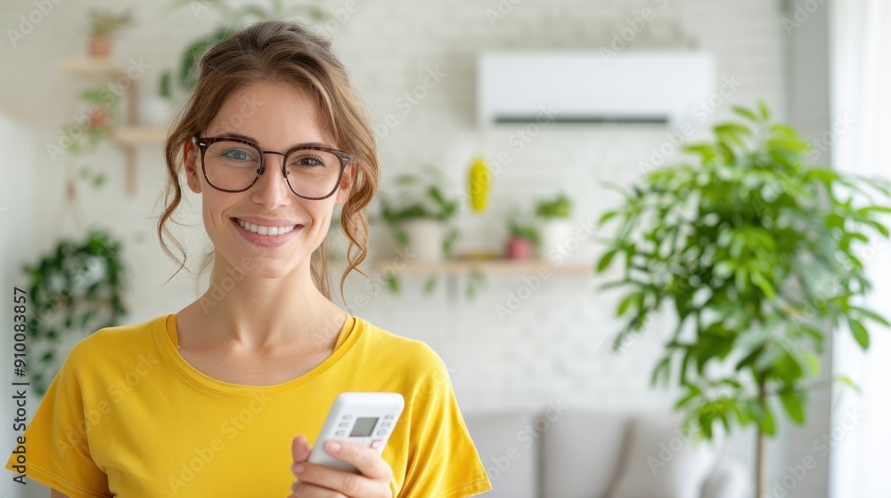 Happy woman in glasses holding remote in living room Happy woman in glasses holding remote in living room