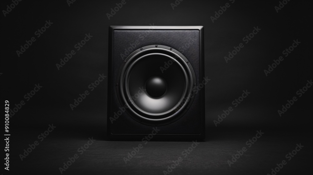 Black Subwoofer Speaker Against Dark Background Black Subwoofer Speaker Against Dark Background
