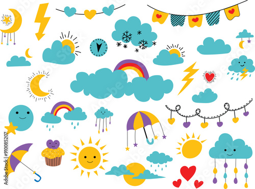 a collage of clouds, sun, clouds, and sun, and sun.