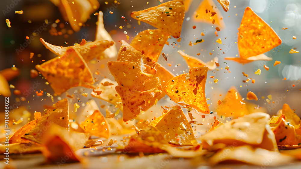 A close-up shot of crispy tortilla chips captured in mid-air, exploding with a sprinkle of seasoning. Ideal for food photography, snack promotions, and energetic culinary visuals. A close-up shot of crispy tortilla chips captured in mid-air, exploding with a sprinkle of seasoning. Ideal for food photography, snack promotions, and energetic culinary visuals.