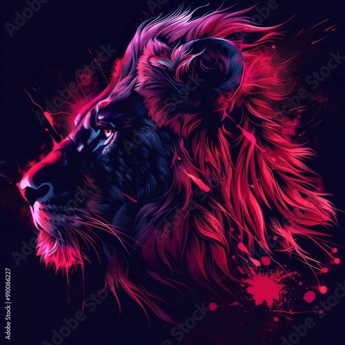 lion in the night neon lights. generative ai photo