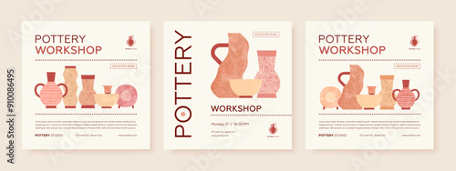 Set of pottery workshop advertising vector web square banner design template. Hand made ceramics, clay crockery flat illustration. Pottery lesson, ceramic studio, hobby master class invitation layout