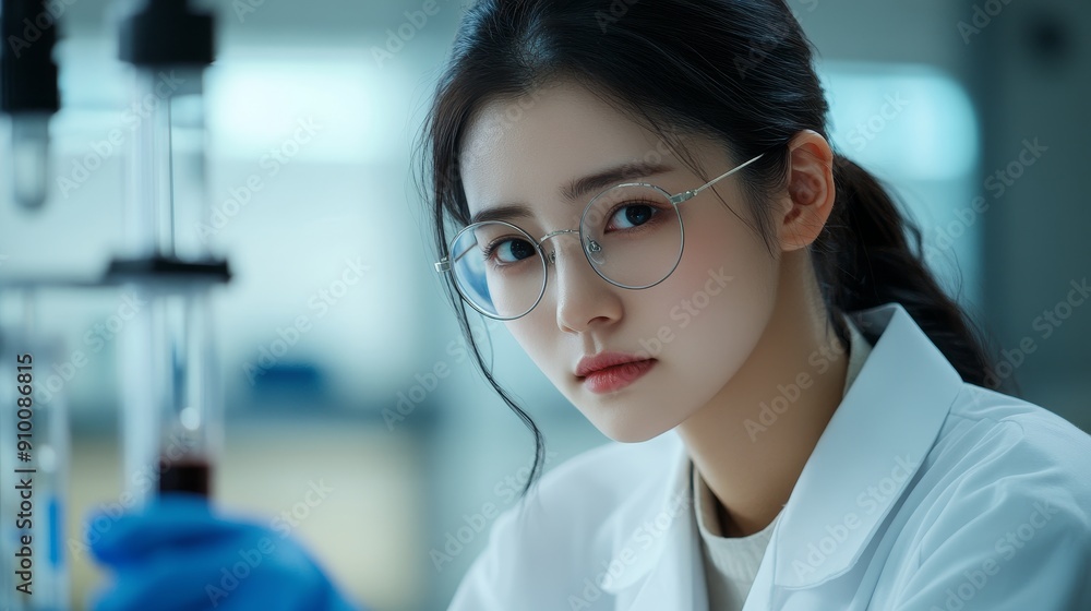 A female Asian scientist works in a modern laboratory with a young scientist. A female Asian scientist works in a modern laboratory with a young scientist.