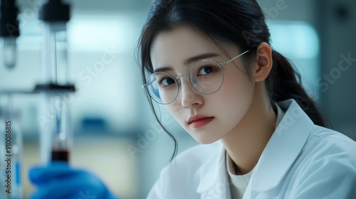 A female Asian scientist works in a modern laboratory with a young scientist.