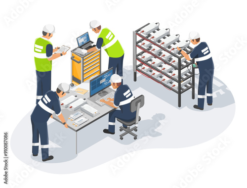 solid state battery Research and Development batteries  engineer team for ev car isometric isolated cartoon