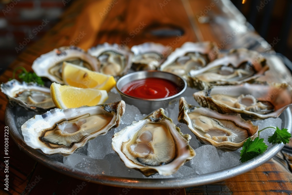 A platter of fresh oysters on the half shell, served on ice with lemon wedges, cocktail sauce, and mignonette A platter of fresh oysters on the half shell, served on ice with lemon wedges, cocktail sauce, and mignonette