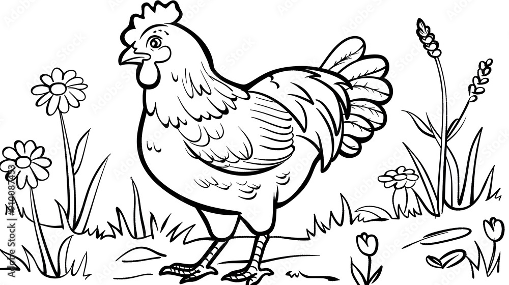 Naklejka premium Charming black and white cartoon illustration of a hen standing in a grassy farmyard, surrounded by plants. Perfect for children's coloring books, farm-themed educational materials, and playful design