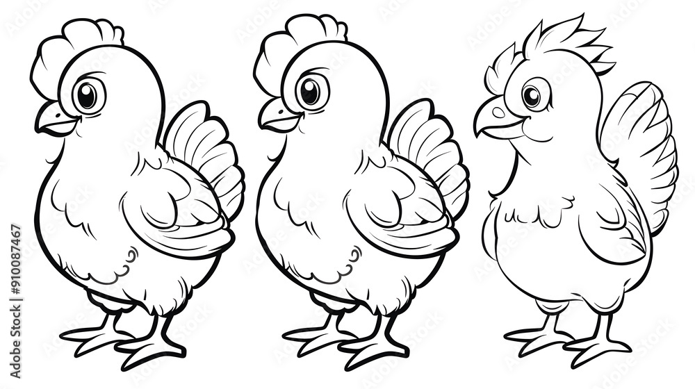 Adorable black and white cartoon illustration of three chickens standing in a row, each with a unique expression. Ideal for children's coloring books, farm-themed educational resources, and playful de Adorable black and white cartoon illustration of three chickens standing in a row, each with a unique expression. Ideal for children's coloring books, farm-themed educational resources, and playful de