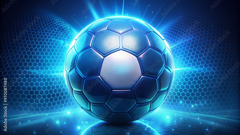 Naklejka premium Vibrant glowing soccer ball illuminated against a soothing blue background with a subtle hexagonal grid pattern, evoking a sense of modern technology and dynamic energy.